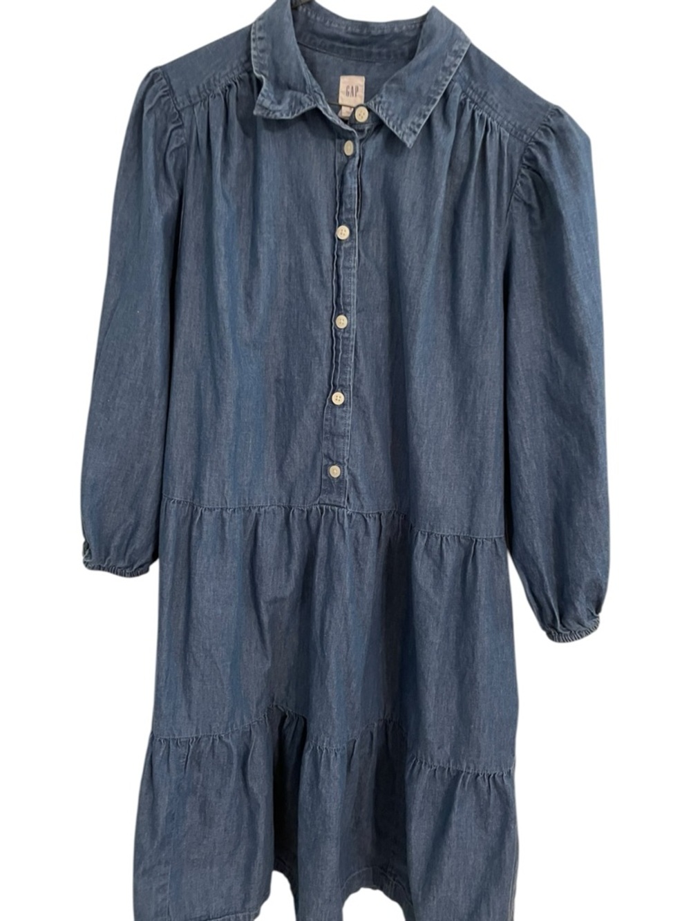 GAP Blue Denim Tiered Button-Front Cotton Boho Tiered Dress, Size S - Picture 2 of 10